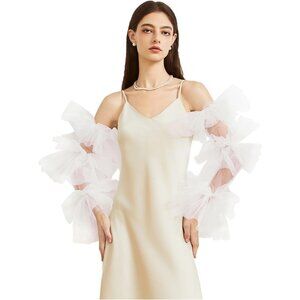Women's White Satin Tulle  Ruffled Puff Long Gloves Banquet Wedding Party
